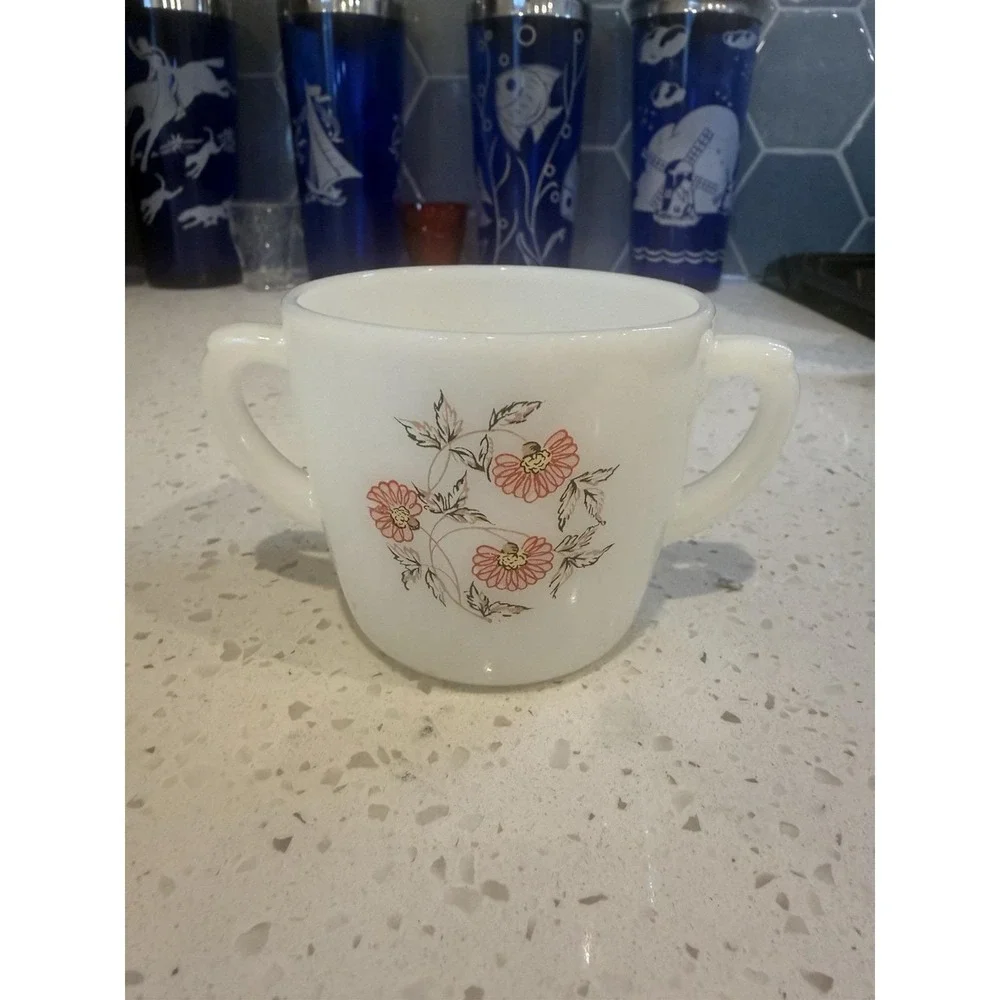Fire King Fleurette Milk Glass Sugar Bowl Mid Century Glass